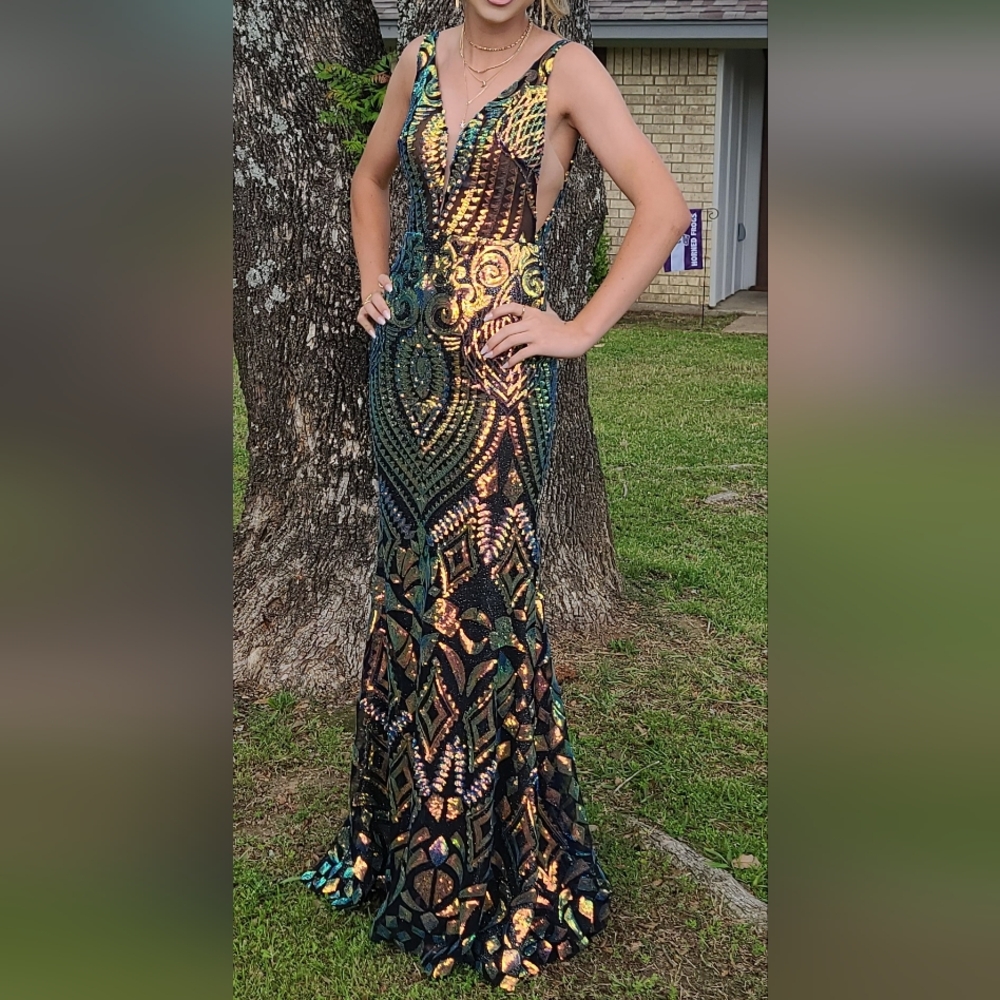 Green and Gold Embellished Backless Prom Gown